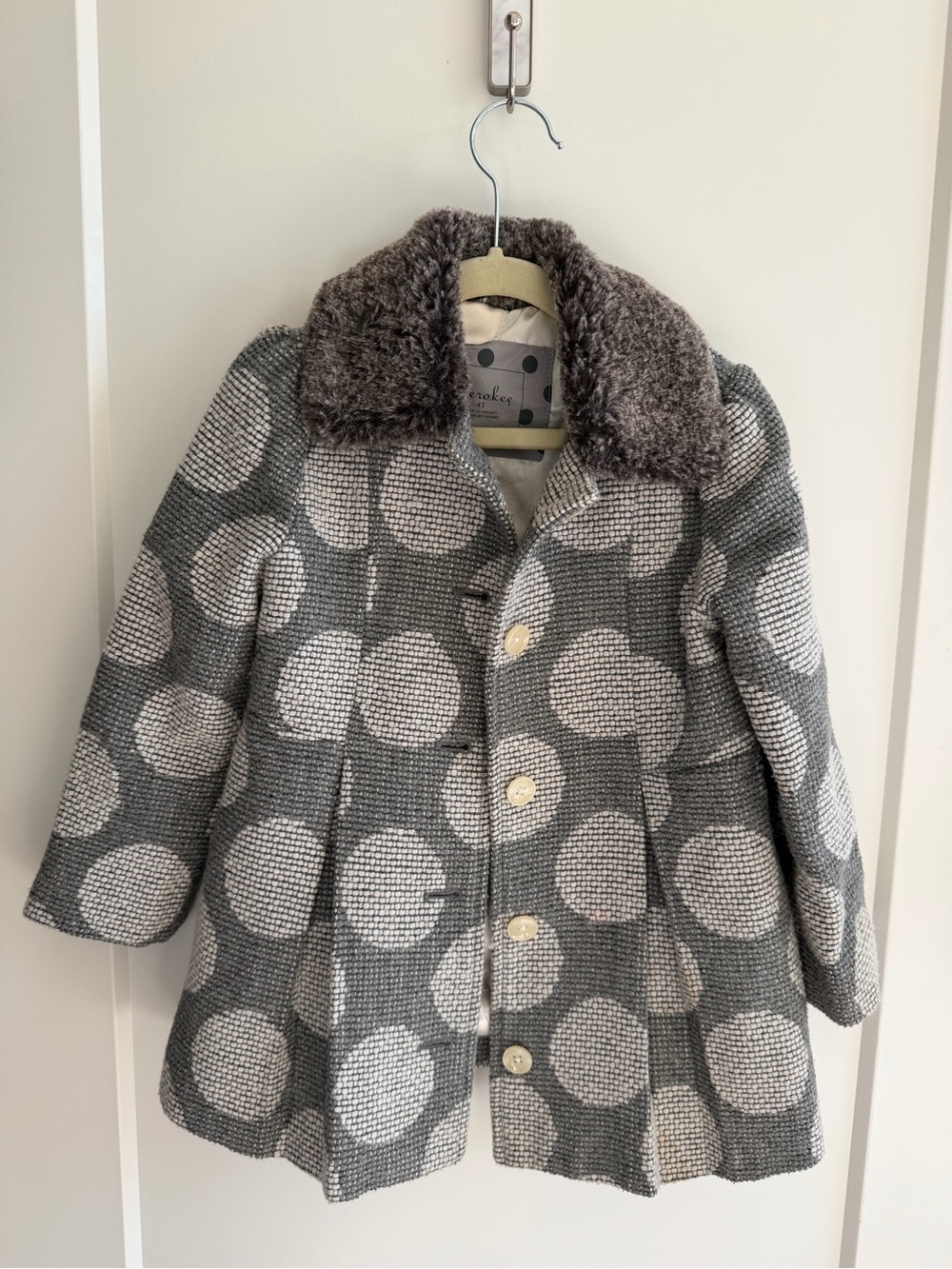 Gray Polka Dot Toddler Coat with Faux Fur Collar